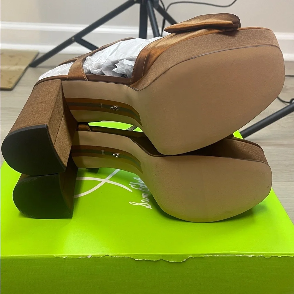 NEW Sam Edelman Julieta Platform Block Heel Sandals in Mocha Camel Satin
